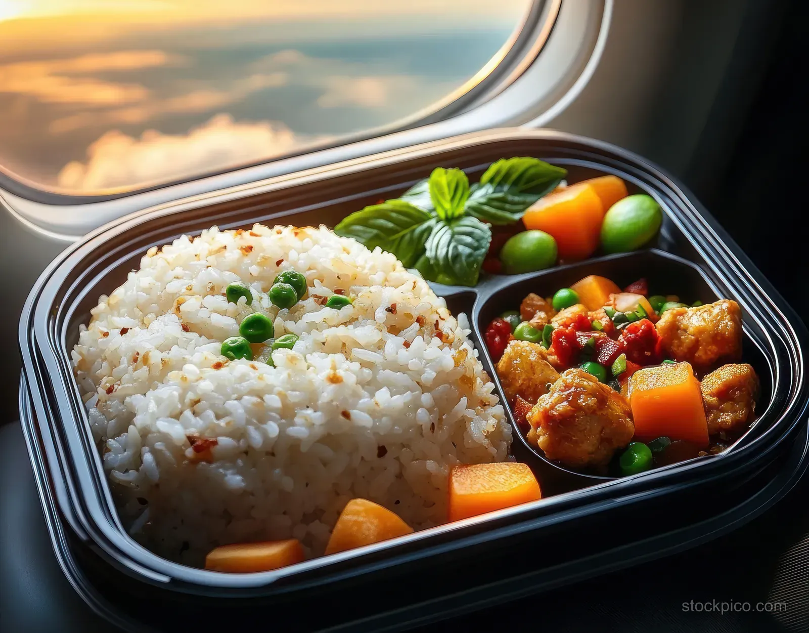 Airplane meal tray with rice, vegetables, and meatballs beside a sunset window.