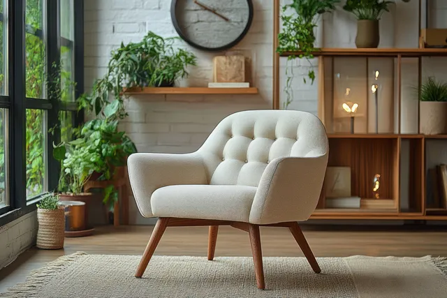 Cream armchair in modern living room with wood shelving and soft window light