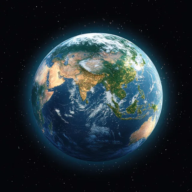 Earth from space with glowing atmosphere, blue oceans, and illuminated continents against a starry background.