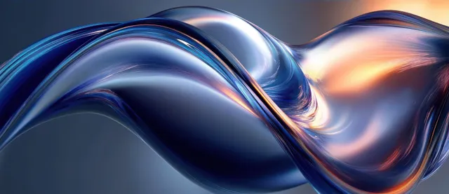 Reflective blue and orange liquid ribbons twist into a glowing futuristic wave on a dark background.