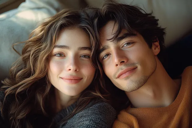 Asian couple cuddling indoors with soft natural light and warm cozy shadows