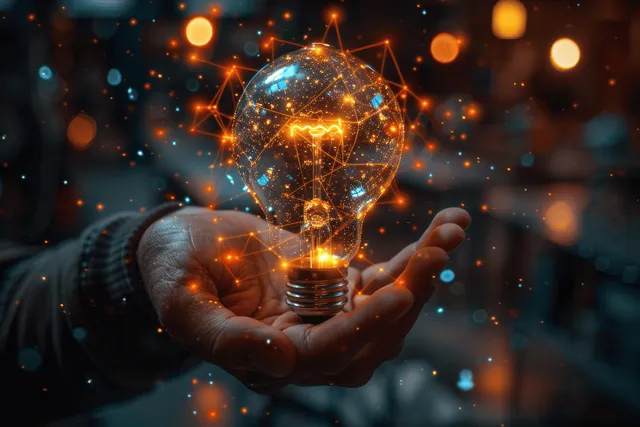 Businessman’s hands cradle a glowing lightbulb over virtual education icons and network symbols