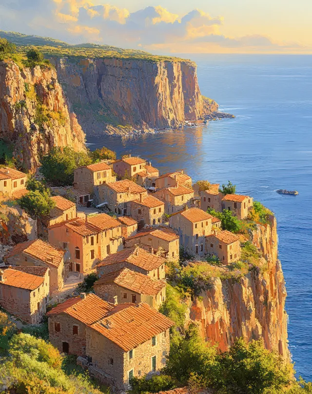 Rustic cliffside village with terracotta roofs above a calm blue sea