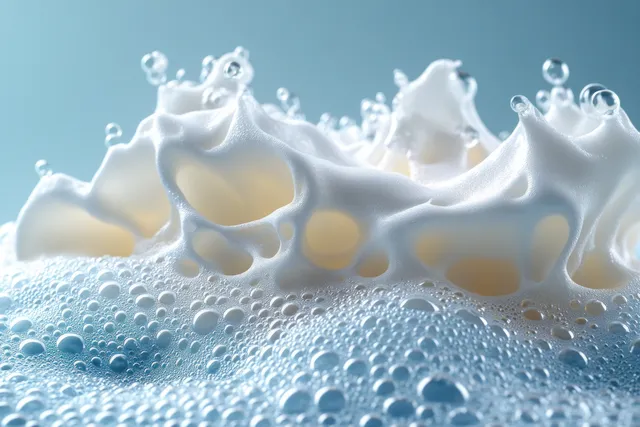 White foam bubbles rising in a macro splash with soft yellow light streaks