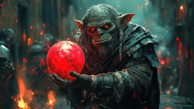 Um goblin segura uma bomba vermelha brilhante em um esconderijo de masmorra escuro, com faíscas e brasas voando.