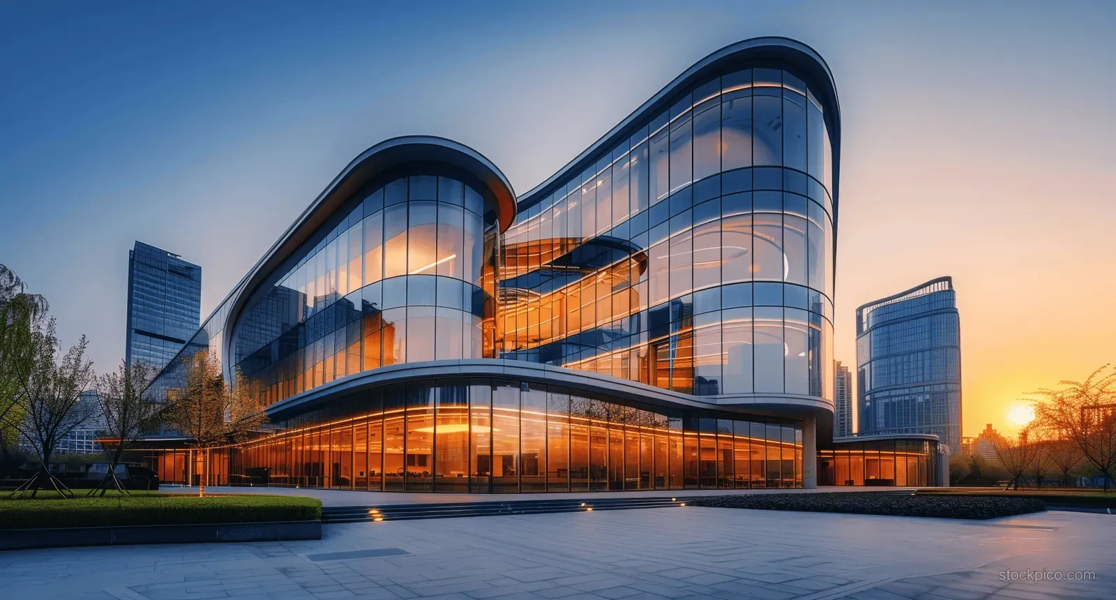 Modern glass office building lit at dusk, with curved facade and sunset reflections in an urban cityscape.
