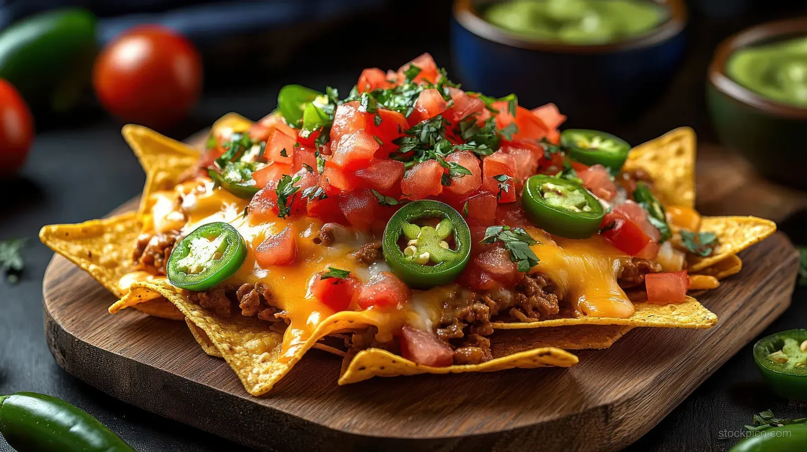 Loaded nachos on a wooden serving board topped with melted cheddar, ground beef, jalapenos, diced tomatoes, and cilantro.