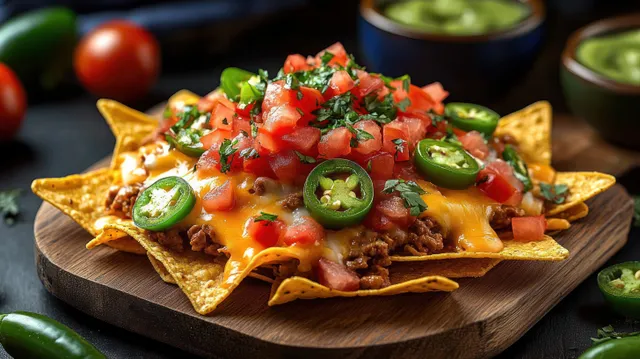 Loaded nachos on a wooden serving board topped with melted cheddar, ground beef, jalapenos, diced tomatoes, and cilantro.