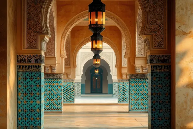 Warm lanterns glow above a tiled corridor of repeating arches and patterned mosaic walls.