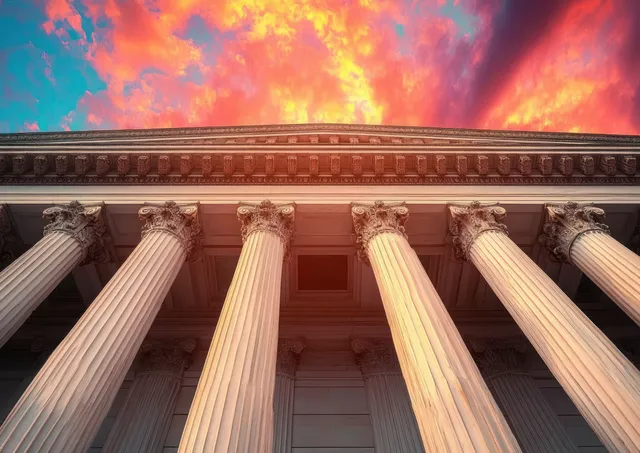 Classical stone columns and an ornate facade rise against a fiery orange sunset sky with dramatic clouds.