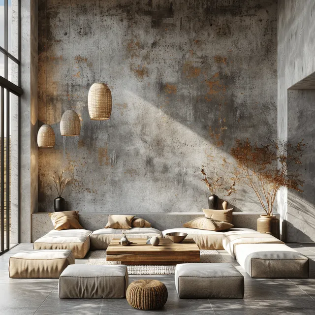 Minimal Japandi living room with low wooden furniture and layered cushions against a concrete wall in warm light.