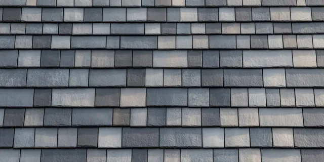 Close-up of gray slate roof tiles with neat overlapping rows and strong linear pattern