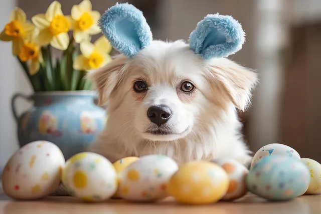 White fluffy dog wearing blue bunny ears sits by pastel Easter eggs with daffodils in a vase behind it.