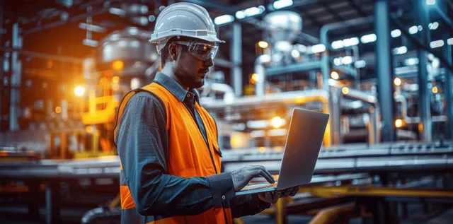 Engineer in safety vest and helmet using laptop in illuminated steel factory