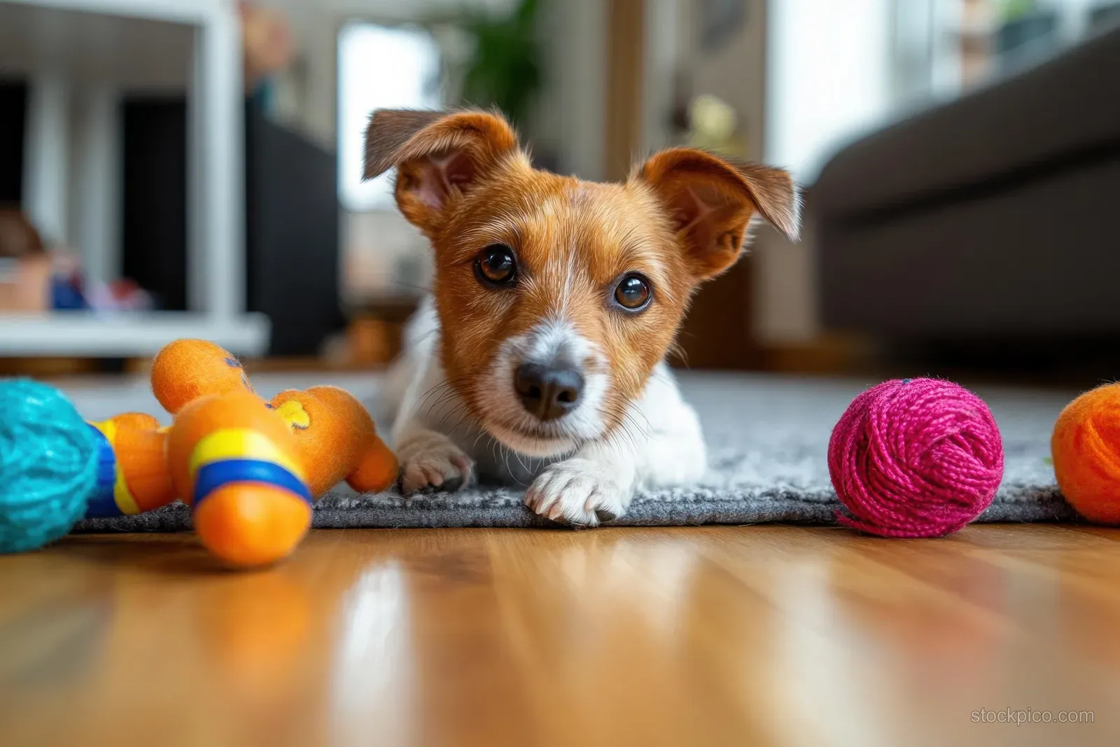 A small brown and white puppy lies on an indoor floor surrounded by colorful toys.