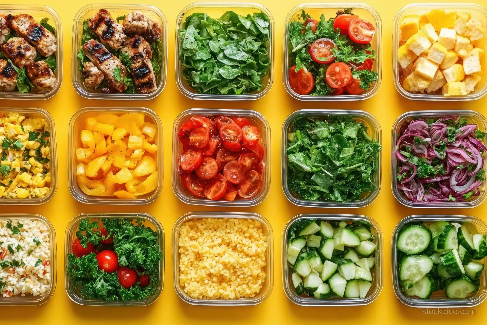 Multiple meal prep containers filled with salads, grilled vegetables, and diced food arranged in a top-view grid.