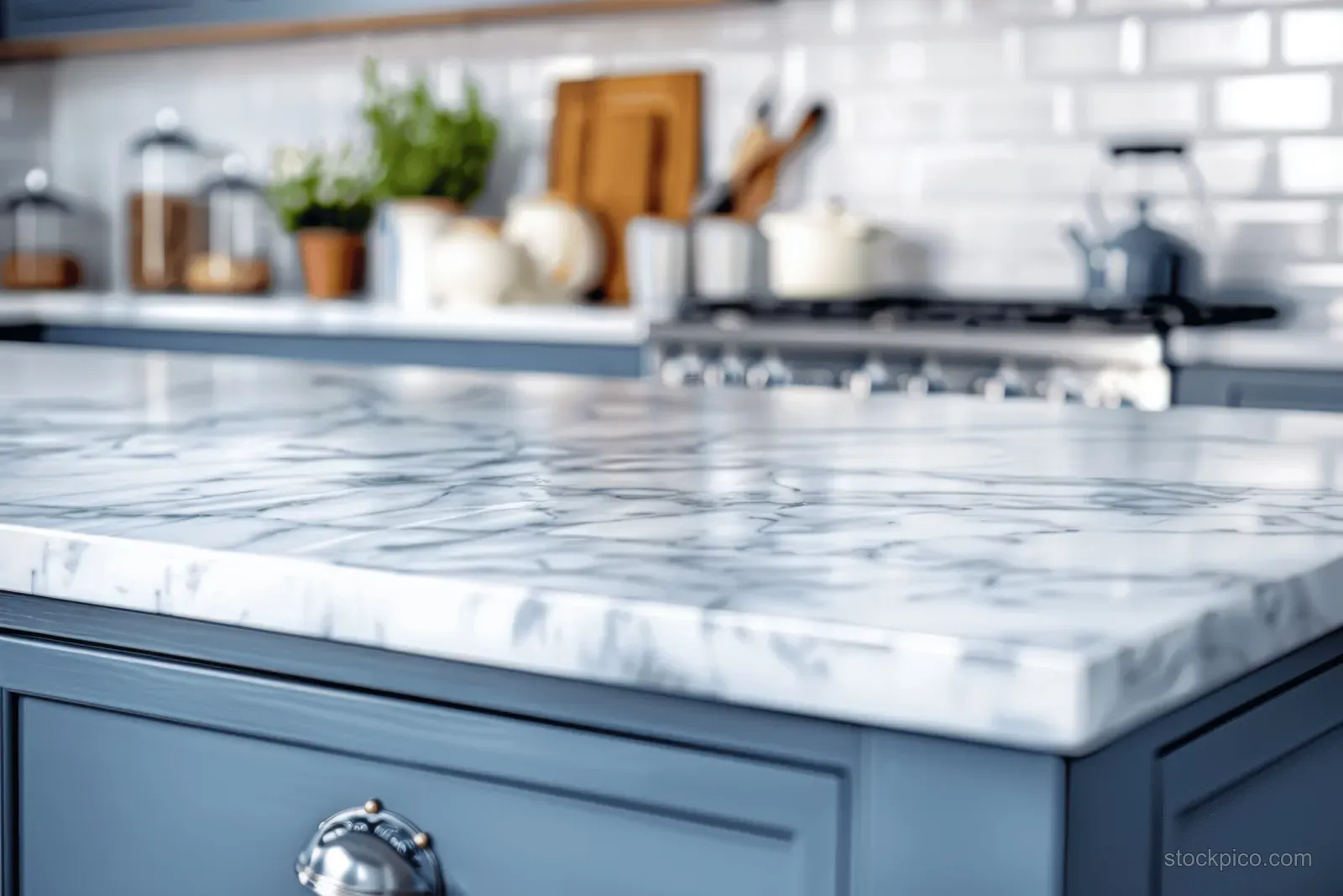Blue kitchen island with marble countertop and blurred kitchen background behind it.