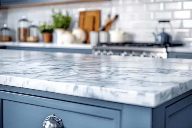 Blue kitchen island with marble countertop and blurred kitchen background behind it.