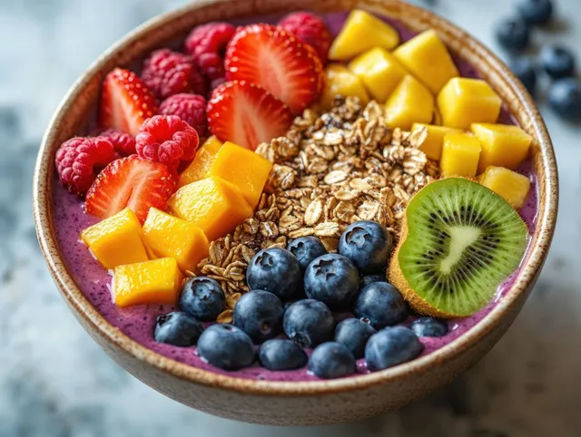 A smoothie bowl filled with purple blend and topped with raspberries, strawberries, mango, granola, blueberries, and kiwi.