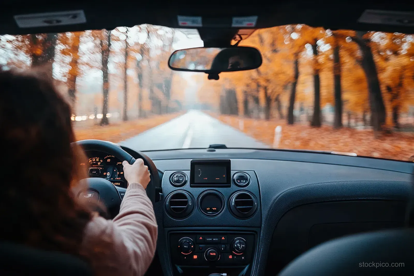Driver’s hands on the steering wheel with autumn trees visible through the windshield down a quiet road.