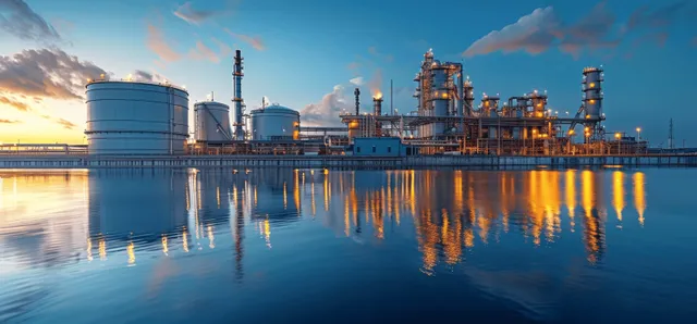 Hydrogen power plant tanks and pipe racks reflected in water beneath a sunset sky.