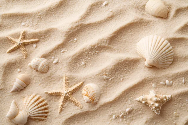 Seashells and starfish scattered on sunlit sand with visible beach ripple texture.