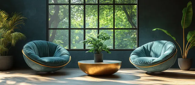 Turquoise lounge chairs and a wooden coffee table in a sunlit living room with potted plants by a grid window.