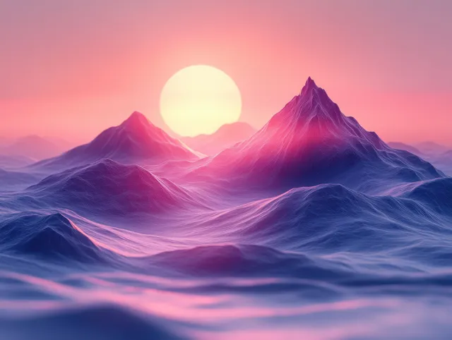 Abstract polygonal mountain landscape with soft bokeh lighting and smooth gradient colors creates a futuristic atmosphere.