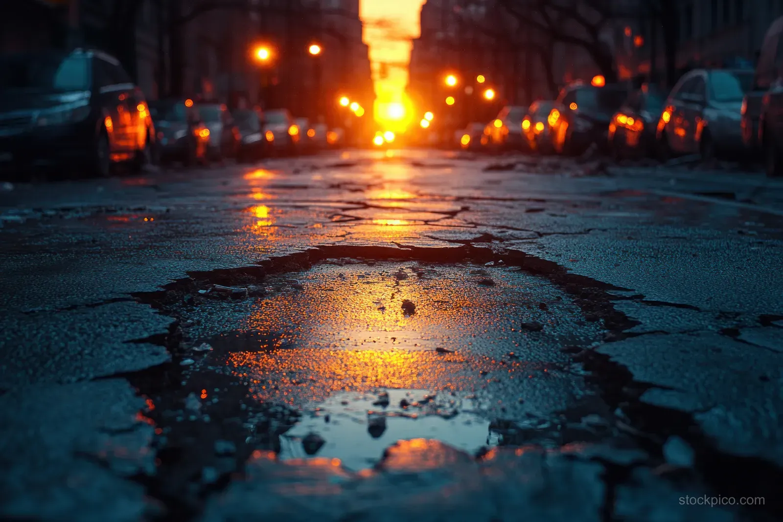 Cracked asphalt road with shallow puddles and glowing streetlights in the twilight city.