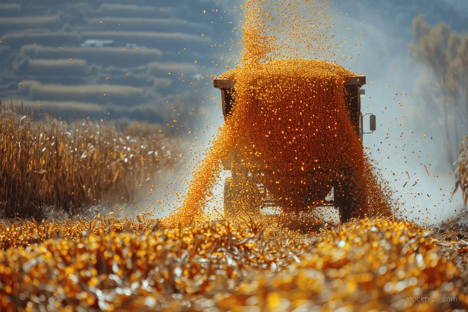A corn harvester unloads golden kernels into a trailer, with dust particles flying in autumn sunlight.