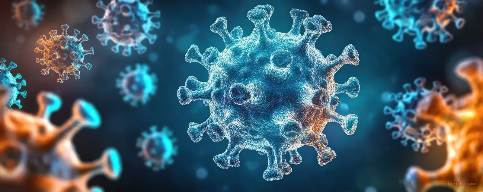 Glowing blue teal coronavirus particles float symmetrically against a dark background with light bokeh.