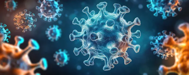 Glowing blue teal coronavirus particles float symmetrically against a dark background with light bokeh.