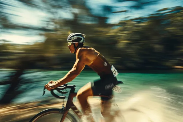 Triathlete cycling hard during Australian mixed relay, motion-blur race on coastal track