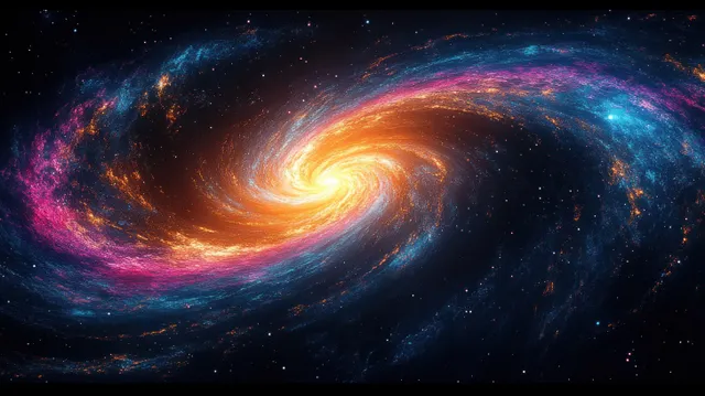 A spiral galaxy with a glowing golden core and colorful swirling arms stretches across a star-filled deep space background.