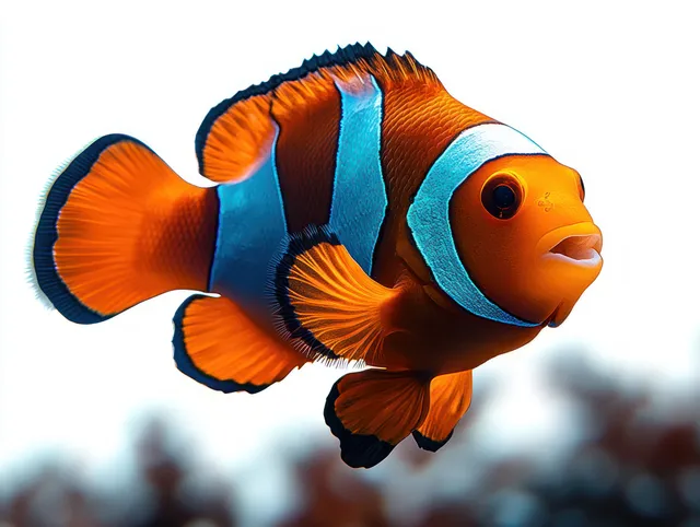 An orange clownfish swims forward in clear water with bold white and black stripes against a blurred seabed.