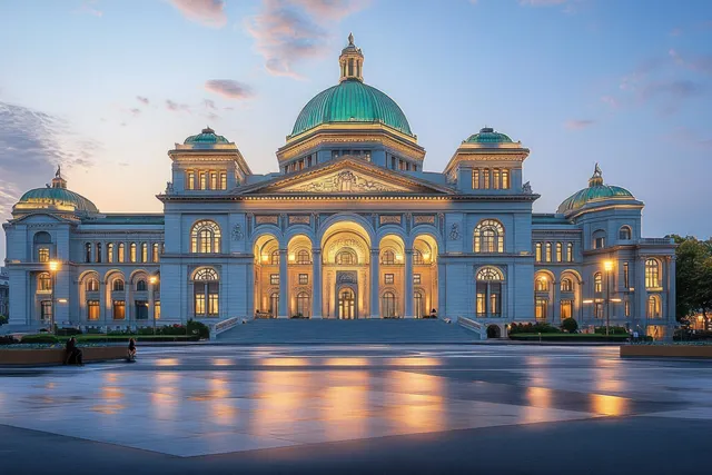 Swiss Parliament building in Bern at dusk with glowing arches and a green dome under a twilight sky.
