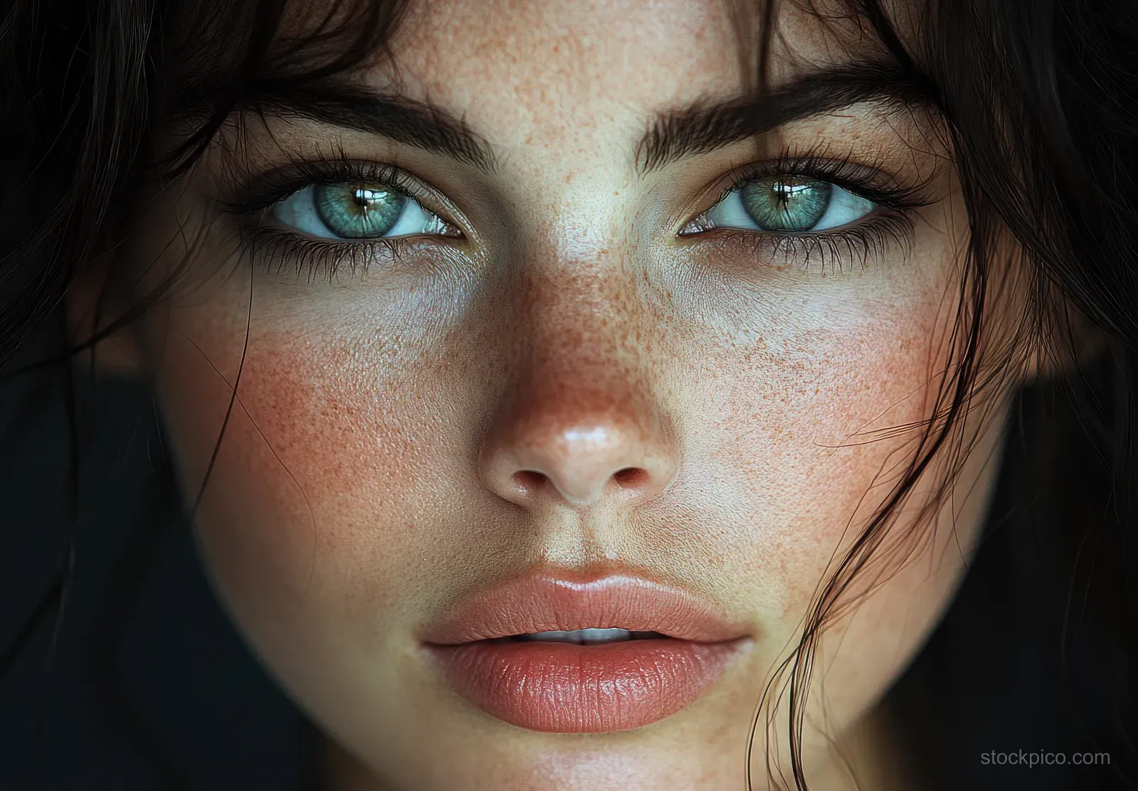 Profile portrait of a young woman with teal eyes and smooth facial contours against a dark gray background.