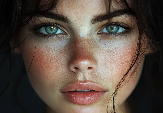 Profile portrait of a young woman with teal eyes and smooth facial contours against a dark gray background.