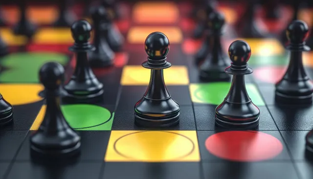Black chess pawns stand on a colorful chessboard with red and yellow highlighted risk tiles.