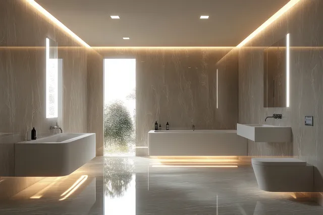 Minimalist bathroom with marble walls, backlit ceiling, a glossy soaking tub, and calm reflections on the floor.