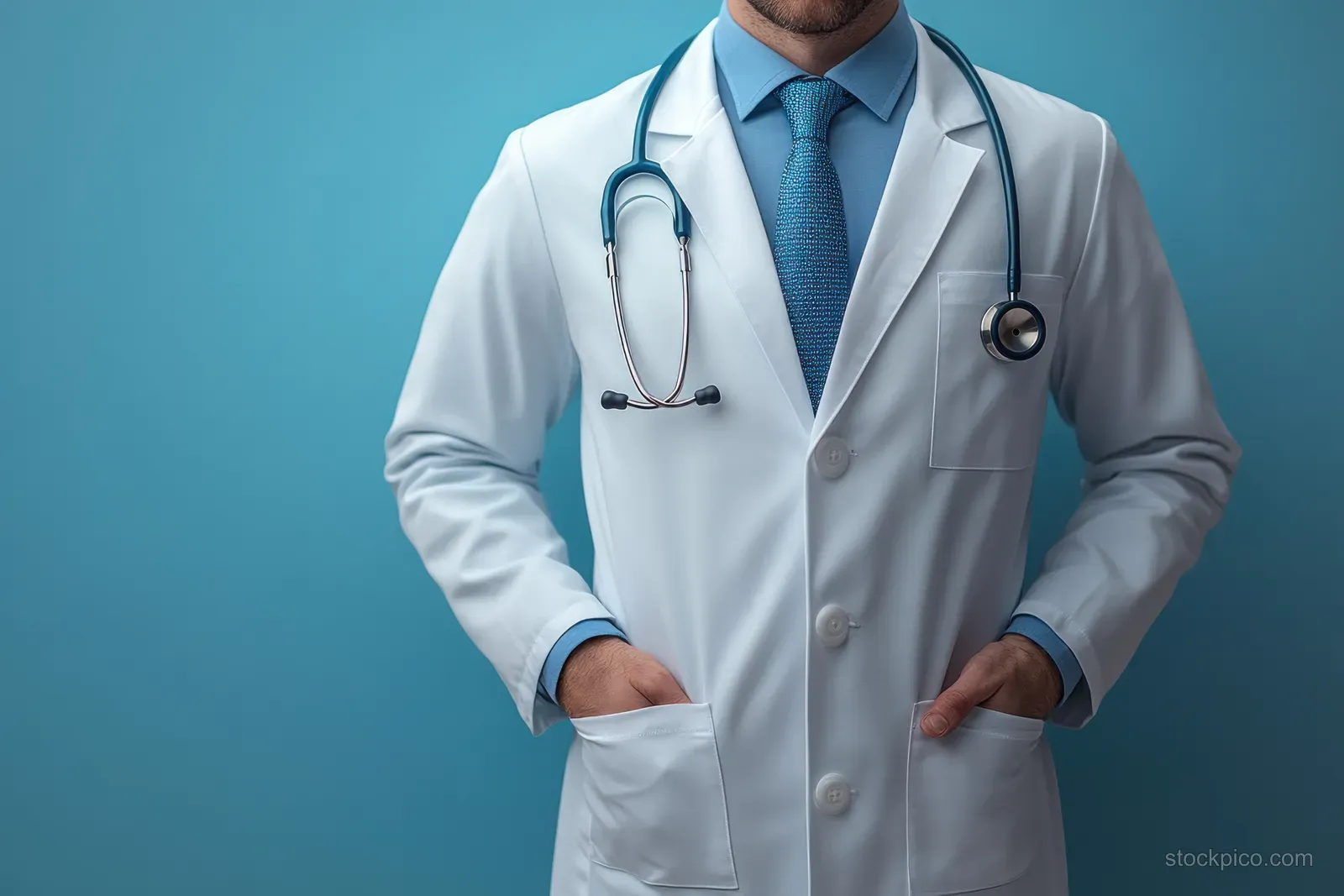 Doctor in white coat and blue tie with a stethoscope around the neck against a soft blue gradient background.