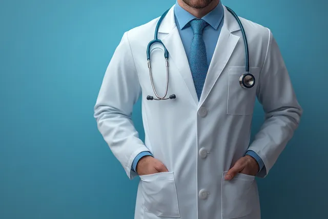 Doctor in white coat holding stethoscope with blue tie against soft gradient background