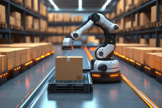 Robotic arm placing a cardboard box onto a conveyor belt in an orange-lit warehouse aisle