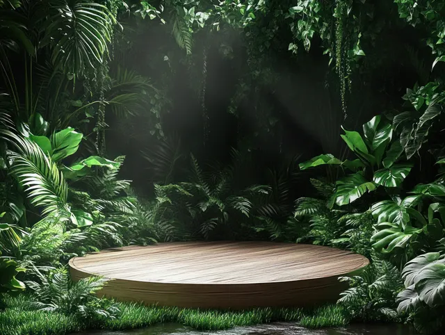 Wooden circular display platform surrounded by lush tropical jungle foliage and soft light