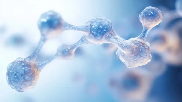 Glowing molecular spheres connected in a soft blue abstract background with shallow depth of field.