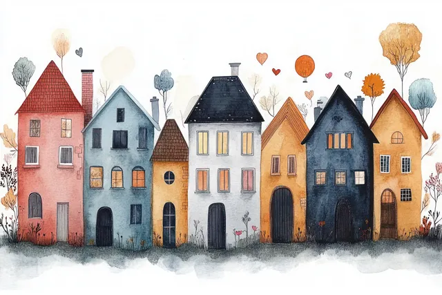 Watercolor row of pastel houses in an old town street, whimsical window details