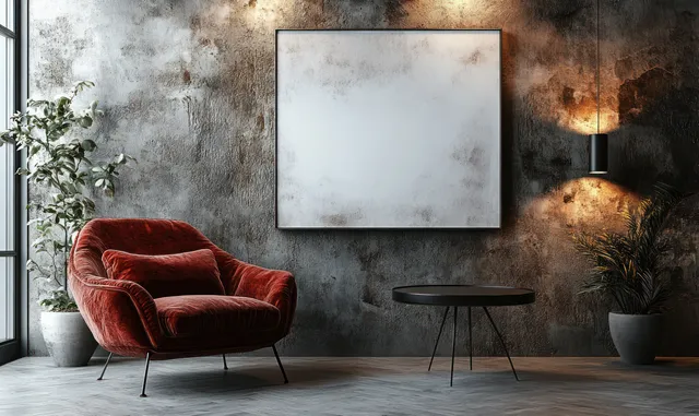 Burgundy armchair and small round table in a minimalist room with a blank canvas on a textured dark wall.