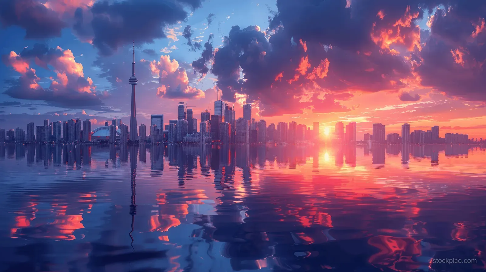 Toronto skyline at sunset with a glowing horizon, dramatic clouds, and city reflections on still water.