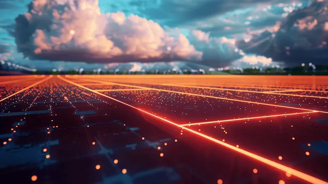Neon grid lines glow over a futuristic landscape under a dramatic cloudy sky.