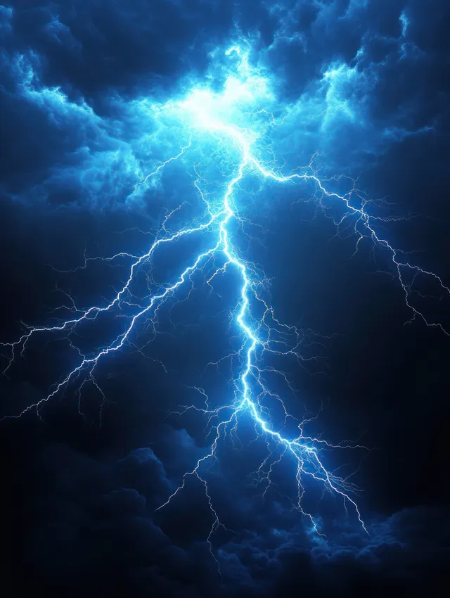 Blue lightning bolt illuminates dark storm clouds in a nighttime sky with branching electric flashes.
